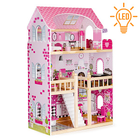 Drewniany domek dla lalek mebelki oświetlenie LED ECOTOYS Drewniany domek dla lalek mebelki oświetlenie LED ECOTOYS
