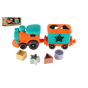 Mašinka/vláček s vagónem bioplast 30cm vkládačka na volný chod v krabičce 35x14x10cm 18m+