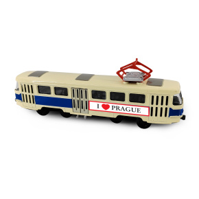 Kovová česká retro tramvaj modrá 16 cm PRAGUE otevírací dveře