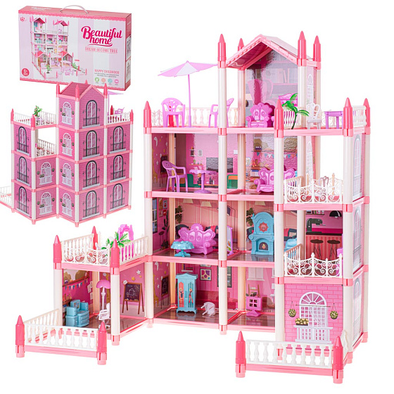 Domeček pro panenky růžová vila DIY 4 úrovně nábytek 61 cm