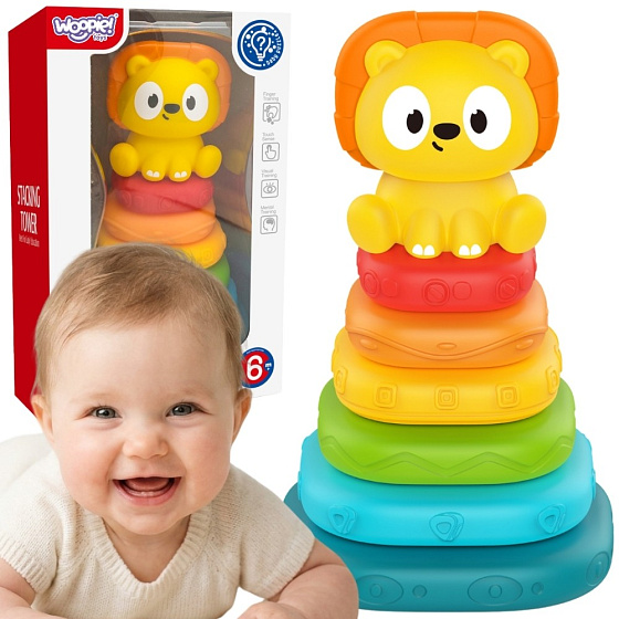 WOOPIE BABY Senzorická pyramida Věž Skládačka Lev 6m+