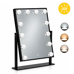 Kosmetické LED zrcadlo na líčení 30 × 40 cm, osvětlené, 3 barvy světla, 12 žárovek, černé, ModernHome Kosmetické LED zrcadlo na líčení 30 × 40 cm, osvětlené, 3 barvy světla, 12 žárovek, černé, ModernHome