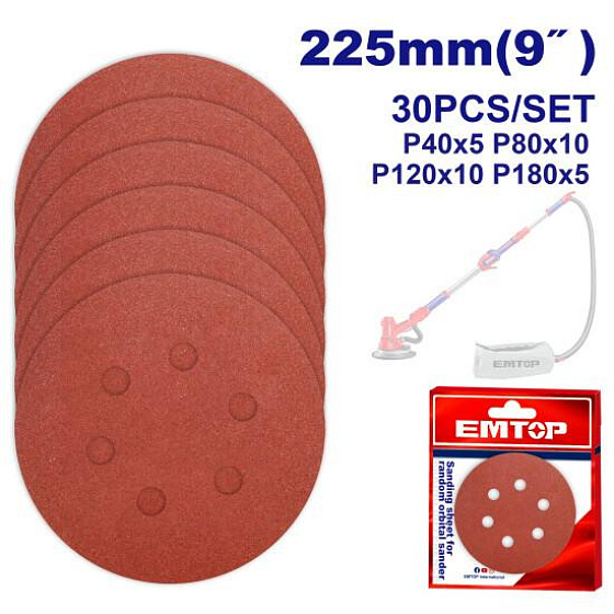 Sada 30 ks brusných disků 225mm se suchým zipem pro brusku na sádrokarton