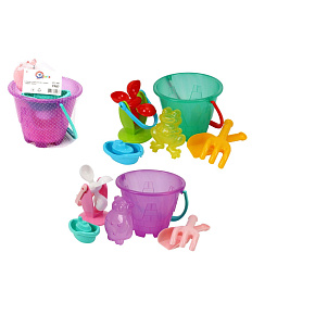 Sada na písek a k vodě plast kbelík, mlýnek s doplňky v síťce 20x19cm Sada na písek a k vodě plast kbelík, mlýnek s doplňky v síťce 20x19cm