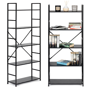 Wide modern LOFT wooden bookcase with 5 shelves, black ModernHome