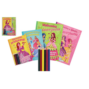 Omalovánky+aktivity/Maľovanky+aktivity Princezny/princezné 4ks +pastelky CZ+SK verze v sáčku 21x29cm Omalovánky+aktivity/Maľovanky+aktivity Princezny/princezné 4ks +pastelky CZ+SK verze v sáčku 21x29cm