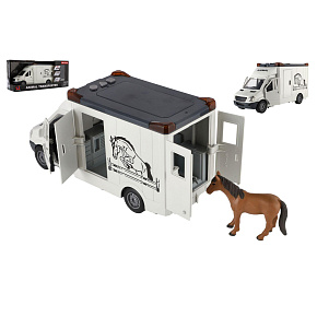 Auto přepravník zvířat plast 28cm s koněm na setrvačník se světlem se zvukem šedé v krabici 39x18cm Auto přepravník zvířat plast 28cm s koněm na setrvačník se světlem se zvukem šedé v krabici 39x18cm