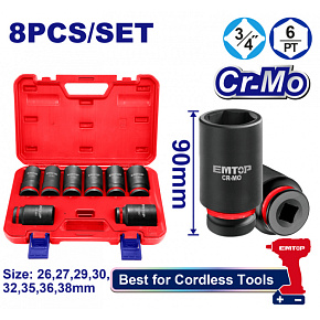 Sada 8 ks prodloužených rázových nástrčných hlavic 3/4" L-90 mm