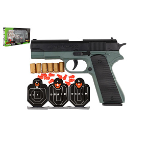 Pistole na pěnové náboje plast 19cm + terče 3ks, náboje 6ks v krabici 34x18x4,5cm Pistole na pěnové náboje plast 19cm + terče 3ks, náboje 6ks v krabici 34x18x4,5cm