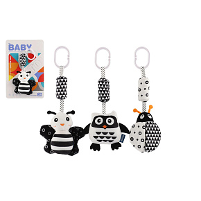 Zvířátko chrastítko/závěs na post./kočárek kontrastní plyš 30cm černobílé 3druhy na kartě v sáčku 0+