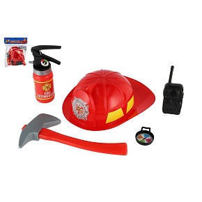 Hasičská sada helma/přilba + hasičák stříkací vodu plast 5ks v sáčku