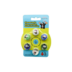 Kuličky 6ks skleněné cvrnkací Krtek na kartě 12x16,5cm