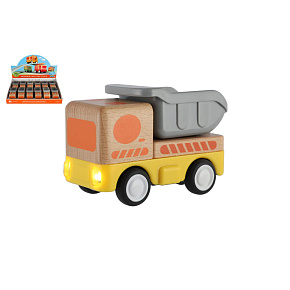 Auto nákladní dřevo 11cm na setrvačník na baterie se světlem, zvukem 12ks v boxu 18m+