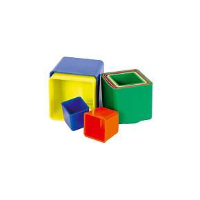 Kubus pyramida skládanka hranatá plast 4 barvy 9ks v sáčku 9x9x9cm 12m+