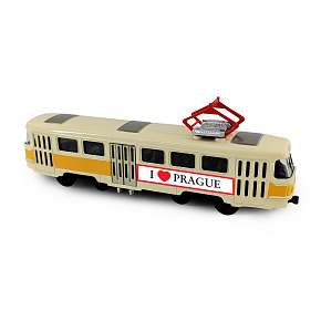 Kovová česká retro tramvaj žlutá 16 cm PRAGUE otevírací dveře