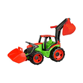 Traktor se lžící a bagrem plast zeleno-červený 65cm v krabici od 3 let