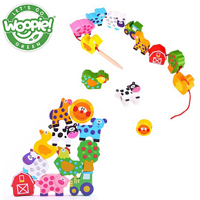 WOOPIE GREEN Dřevěné Kostky na Navlékání Zvířata Farma 13 ks. WOOPIE GREEN Dřevěné Kostky na Navlékání Zvířata Farma 13 ks.