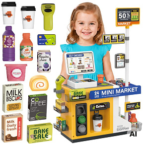 WOOPIE Obchod Mini Market Interaktivní pokladna Skener Příslušenství Zvuky Světlo WOOPIE Obchod Mini Market Interaktivní pokladna Skener Příslušenství Zvuky Světlo