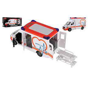 Auto ambulance plast 28cm s lehátkem na setrvačník se světlem se zvukem v krabici 39x18x12cm