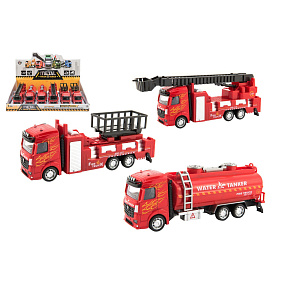 Auto hasiči kov/plast 21-23cm na zpětné natažení 3 druhy 6ks v boxu