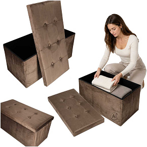 Puf s úložným prostorem pod sedákem, otevírací, skládací, velurový 77x38x37 cm hnědý Puf s úložným prostorem pod sedákem, otevírací, skládací, velurový 77x38x37 cm hnědý