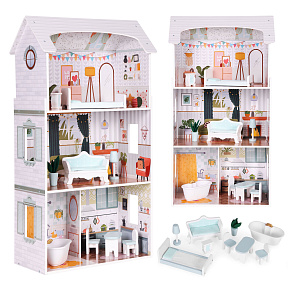 Alice Dollhouse – 3 Floors, 4 Rooms, Set with 9 Furniture Pieces ECOTOYS