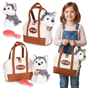 Plush Puppy in Bag Husky Toy for Children + Grooming Brush