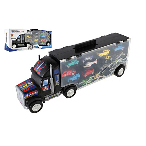 Auto kamion přepravník + dopravní prostředky 14ks plast 57cm na volný chod v krabici 59x22x13cm