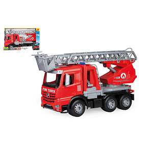 Auto hasiči Mercedes-Benz Arocs Worxx s žebříkem plast 47cm stříkající vodu v krabici 50x30x20cm