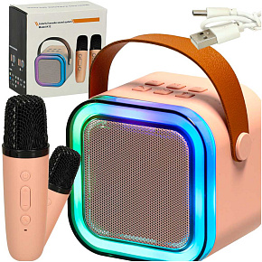 Karaoke sada Bluetooth reproduktor 2 mikrofony USB LED 6W růžová