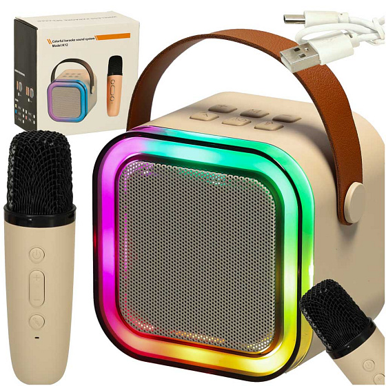 Sada na karaoke reproduktor Bluetooth mikrofon USB LED béžový