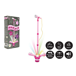 Mikrofon karaoke růžový plast na baterie se světlem se zvukem v krabici 17x34x7cm Mikrofon karaoke růžový plast na baterie se světlem se zvukem v krabici 17x34x7cm