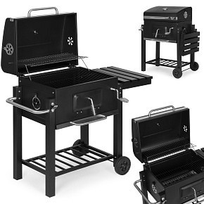 Large charcoal garden grill with lid, thermometer, shelves, wheels, free blower