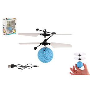 Vrtulníková koule létající plast 13x11cm svítící reagující na pohyb ruky, USB kabelem modrá v krab.