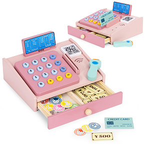 Wooden Cash Register for Children with Scanner Banknotes Coins Card
