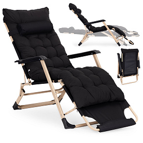 Garden beach lounger with cushion, headrest and adjustable footrest, black gold frame MultiGarden