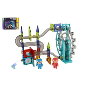 Kuličková dráha magnetická plast 80ks 16 kuliček + doplňky na baterie se světlem v krabici 47x35x9cm
