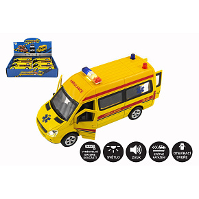 Auto ambulance záchranáři kov/plast 15cm na bat. se světlem se zvukem na zpětné natažení 6ks v boxu