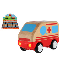 Auto ambulance dřevo 11cm na setrvačník na baterie se světlem, zvukem 12ks v boxu 18m+