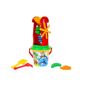 Sada na písek plast kbelík, mlýnek s doplňky 4 barvy v síťce 20x42x19cm 12m+