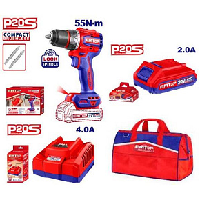 EMTOP aku set, vrtací šroubovák 20V 55Nm, akumulátor 2.0Ah, nabíječka 4A, taška