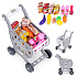 Gray children's shopping cart for supermarket or kitchen play + 18 accessories