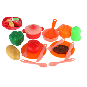 Sada nádobí v ošatce plast s doplňky v síťce 20x20x7cm