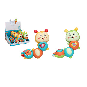 Chrastítko housenka s efekty plast 14cm na baterie se zvukem 2 barvy 8ks v boxu