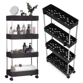 Plastic Bathroom Shelf Unit with 4 Shelves and Wheels, Black, by ModernHome