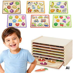 VIGA Dřevěné puzzle s úchyty a policí 7 ks.