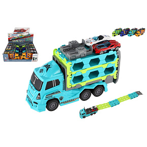 Auto kamion přepravník + auto 2ks plast 22cm na setrvačník 4 barvy 8ks v boxu Auto kamion přepravník + auto 2ks plast 22cm na setrvačník 4 barvy 8ks v boxu