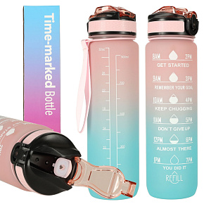 Láhev na vodu s brčkem, držadlem a motivačním měřítkem na posilovnu, BPA free Tritan 1l růžová modrá