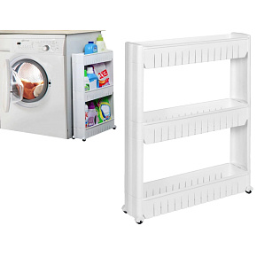Mobile white cabinet on wheels for a washing machine Mobile white cabinet on wheels for a washing machine