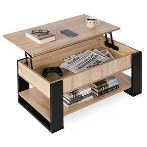 Rozkládací konferenční stolek s výklopnou deskou 90 cm, úložný prostor, police, dub sonoma ModernHome Rozkládací konferenční stolek s výklopnou deskou 90 cm, úložný prostor, police, dub sonoma ModernHome